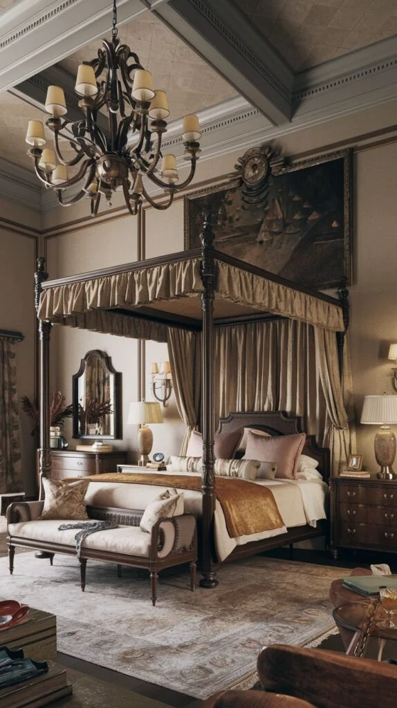 Majestic king bedroom with dark wood four-poster bed and elegant chandelier