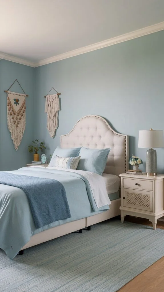 A serene bedroom with cream tufted headboard, light blue bedding, macrame wall hangings, and wooden nightstand with lamp.