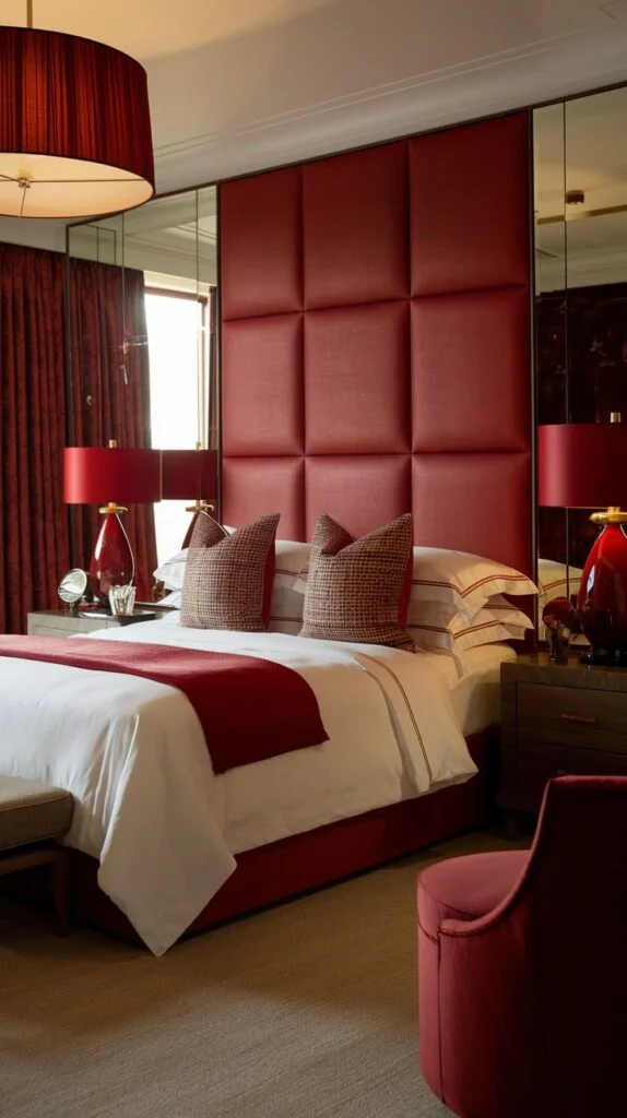 Elegant bedroom with plush red padded headboard, matching curtains, and lamps creating a rich atmosphere.