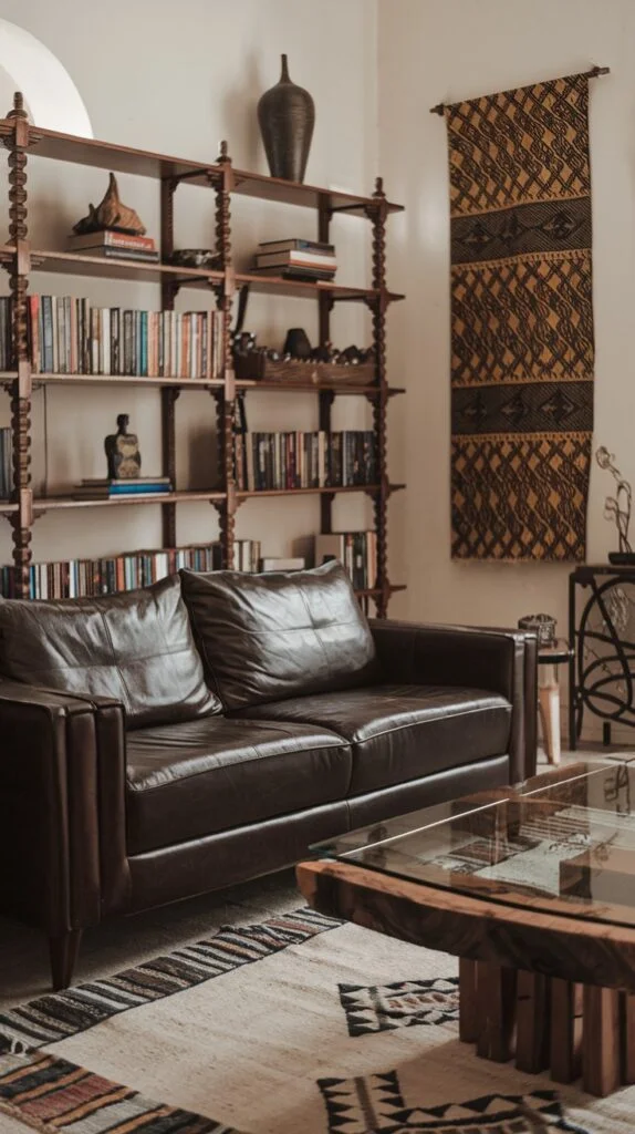Cozy living room with dark leather sofa, wooden bookshelf, patterned wall hanging, and geometric rug.