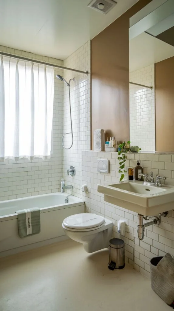 Small full bathroom with white subway tiles, pedestal sink, and brown accent wall