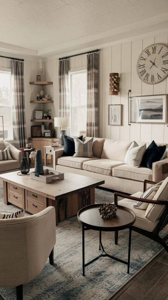 Modern farmhouse living room featuring white vertical shiplap walls, a light beige sofa with navy blue pillows, a chunky wood coffee table with drawers and a distressed base, and a large distressed wooden Roman numeral wall clock.