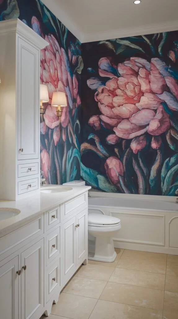 Bathroom wall with dramatic dark wallpaper featuring oversized pink and deep red peonies with dark green foliage behind a white vanity and toilet.
