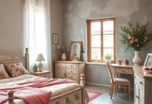 Cozy Charm: Shabby Chic Bedroom with Distressed Furniture and Floral Prints