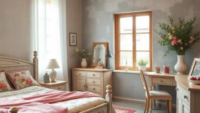 Cozy Charm: Shabby Chic Bedroom with Distressed Furniture and Floral Prints