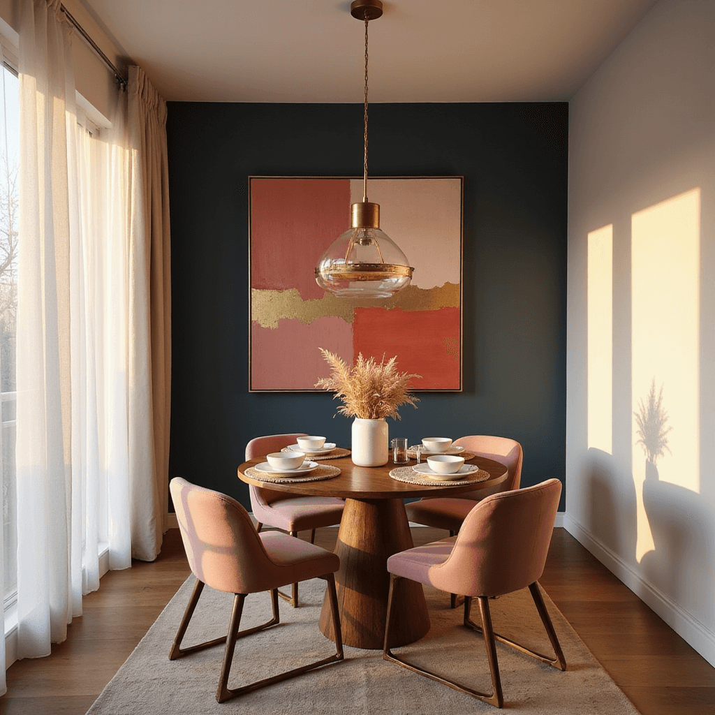Intimate dining corner in a 12x14ft apartment during sunset, showcasing a round walnut table with brass details, surrounded by blush velvet chairs. Soft sunlight filters through sheer curtains onto a navy accent wall decorated with coral and gold abstract paintings. A sleek brass pendant light hangs overhead, with white ceramic dinnerware and linen napkins arranged on the table, accented by a low pampas grass centerpiece.