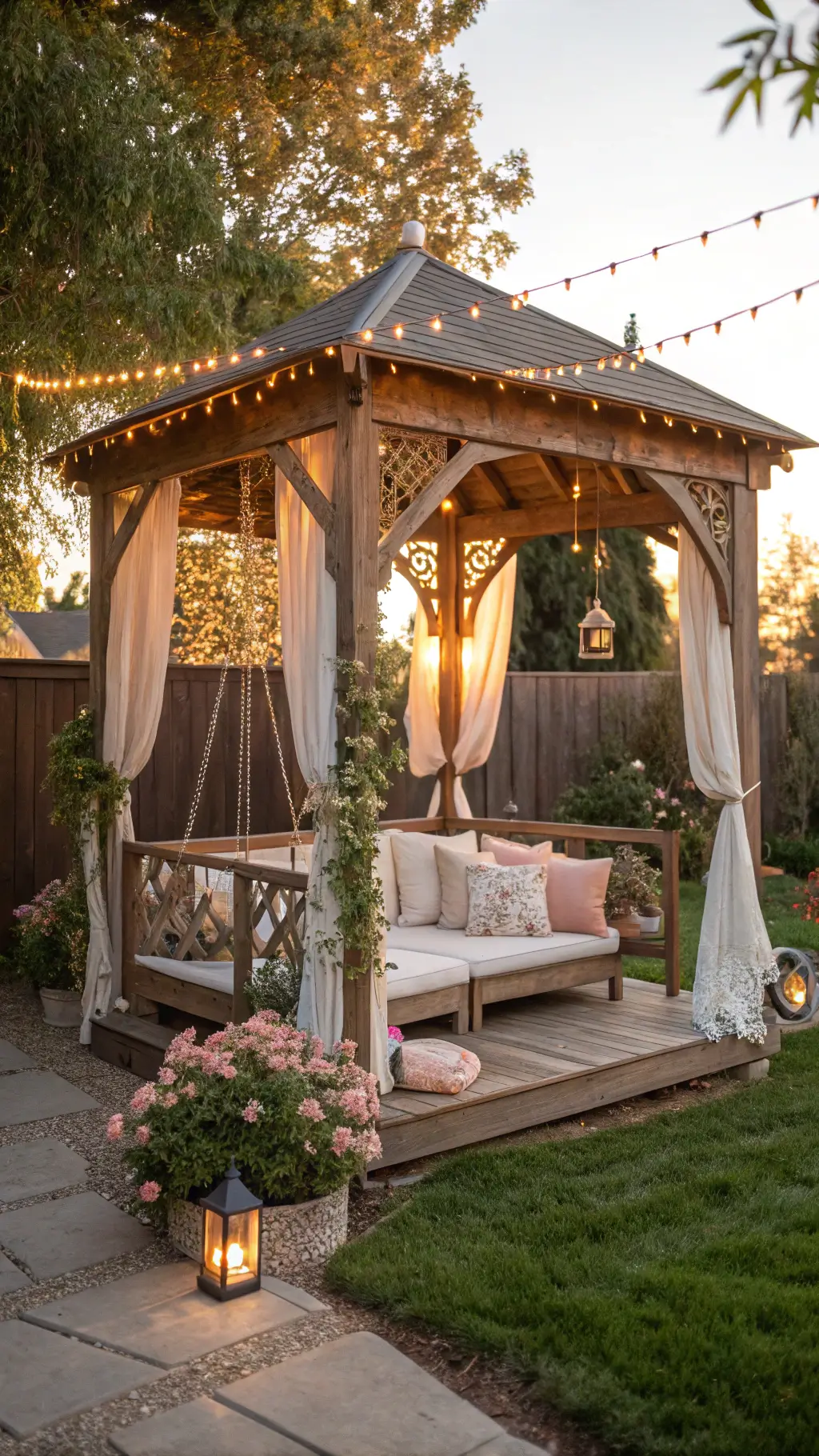 Rustic cedar swing gazebo with hanging daybed and soft cushions surrounded by lush vines and warm string lights