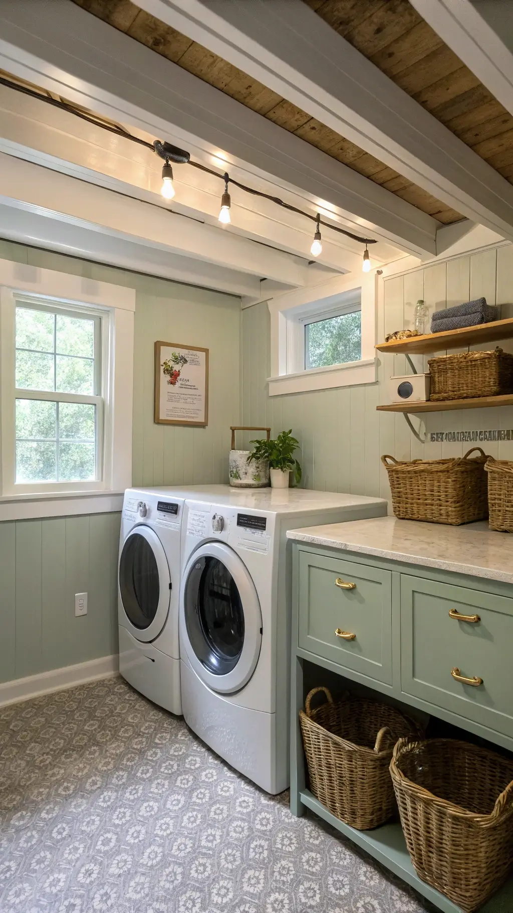 Bright basement laundry room with exposed beams, sage green walls, modern washer and dryer under quartz countertop, brass hardware, woven baskets, industrial LED lighting, and warm greige vinyl flooring.