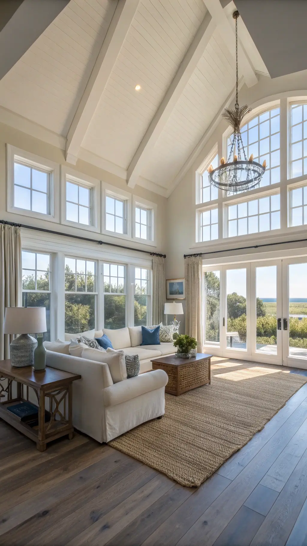 Bright and airy living room styled with coastal hues, featuring a plush cream sofa, weathered wood tables, layered rugs, and minimalist artwork illuminated by soft afternoon sunlight through large windows.
