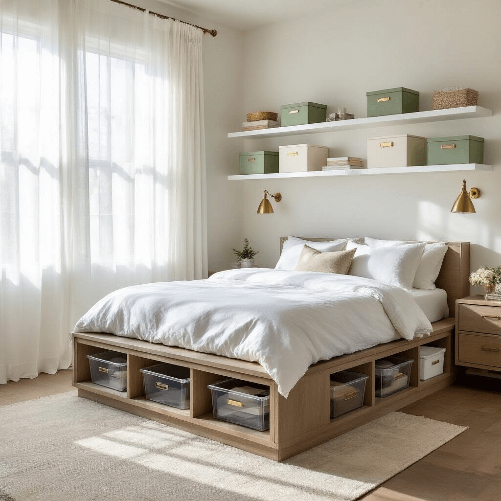 Modern bedroom showcasing a platform storage bed in weathered oak, white linens, soft natural light through sheer curtains, and floating shelves with decorative and storage items.