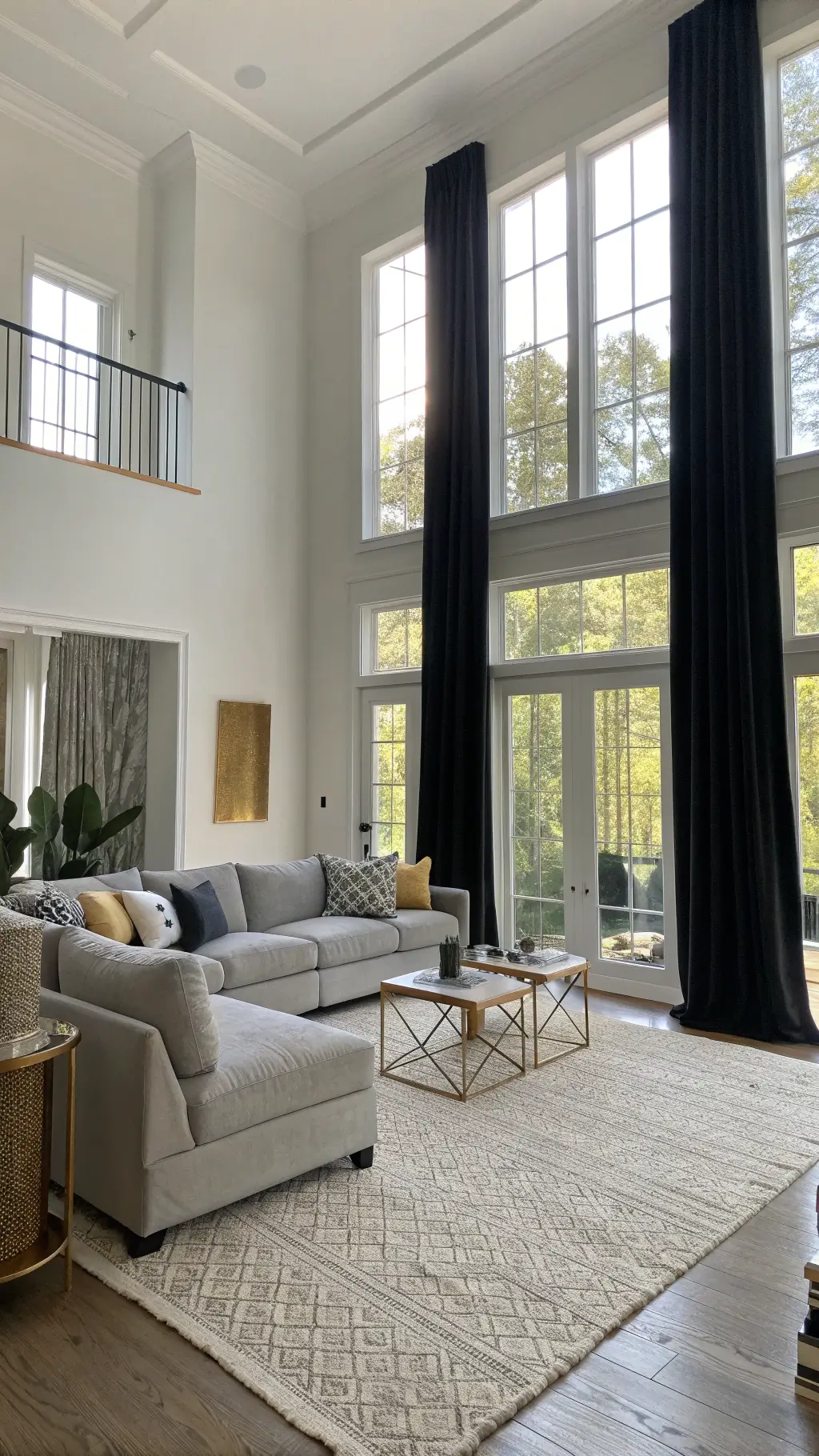 Modern living room featuring black velvet curtains, soft white walls, grey sectional sofa, brass-accented side tables, cream boucle chair, and geometric jute rug illuminated by warm sunlight through the curtains.
