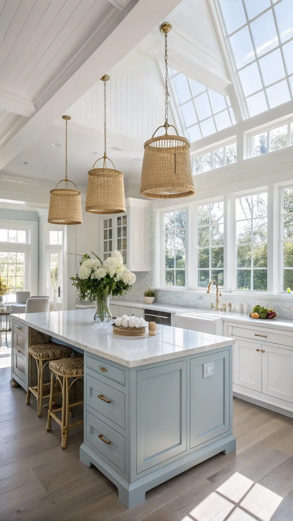 Bright coastal kitchen featuring blue Shaker-style cabinets, white walls, Carrara marble countertops, subway tile backsplash, and a central island with a weathered oak base, adorned with fresh hydrangeas and natural fiber runners.