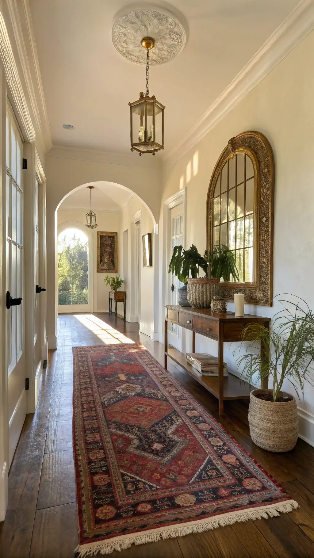 sunny entryway featuring vintage persian and moroccan rugs on a hardwood floor brass-framed arched mirror rattan console table with ceramics amber glass vessels macramé wall hanging warm light filtering through stained transom window