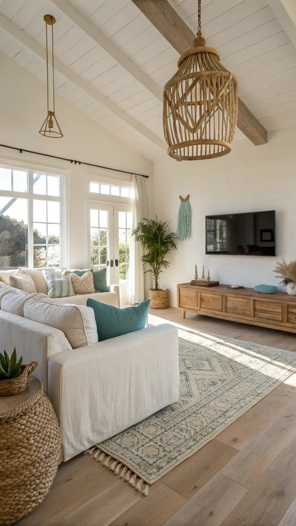 Sunlit living room with white walls, oak floors, cream sofa, Moroccan rugs, rattan lamp, macramé wall decor, and coastal accessories during golden hour