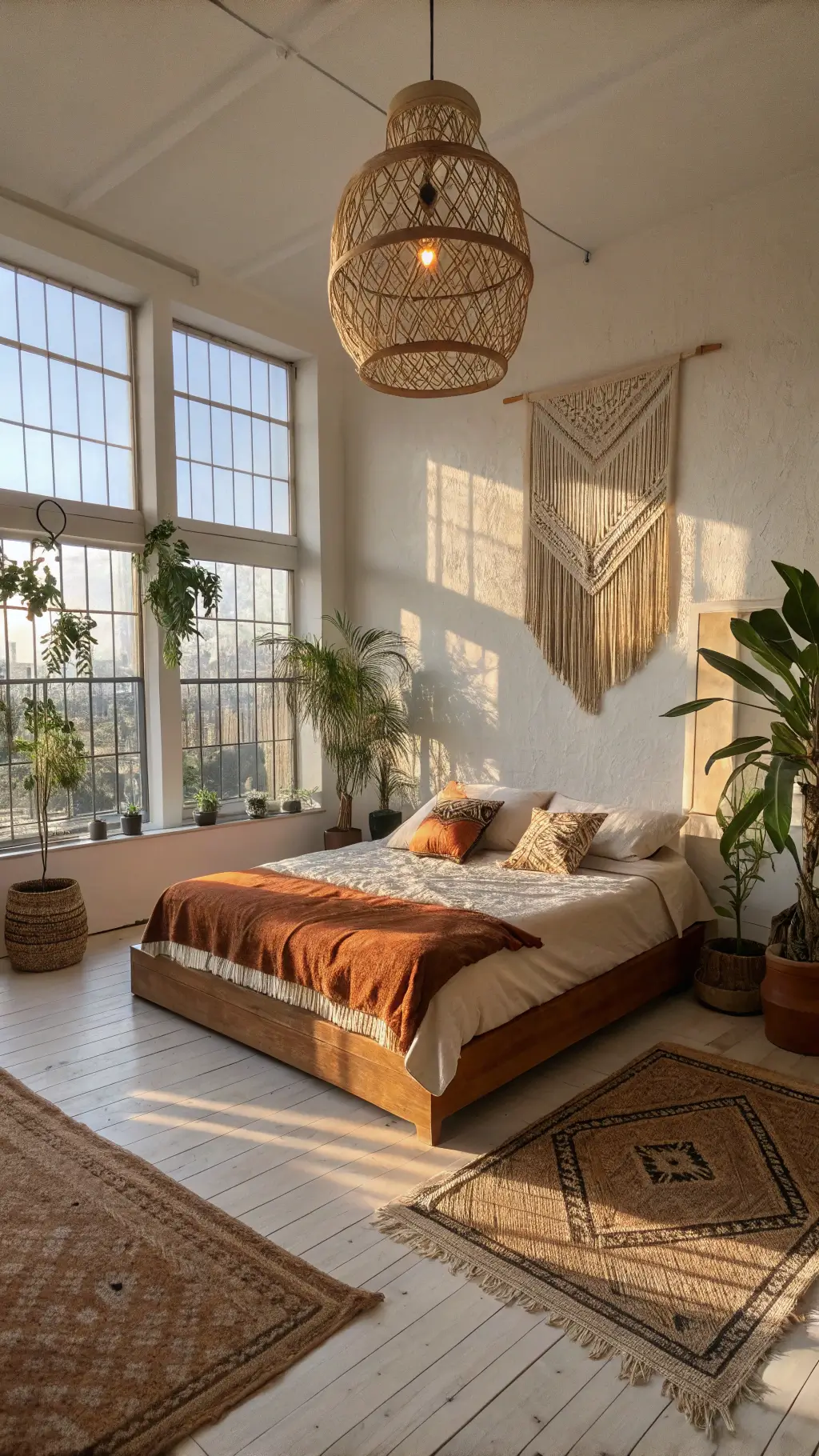 boho bedroom with moroccan textiles macramé wall hanging rattan pendant light and plants bathed in golden hour sunlight through floor-to-ceiling windows