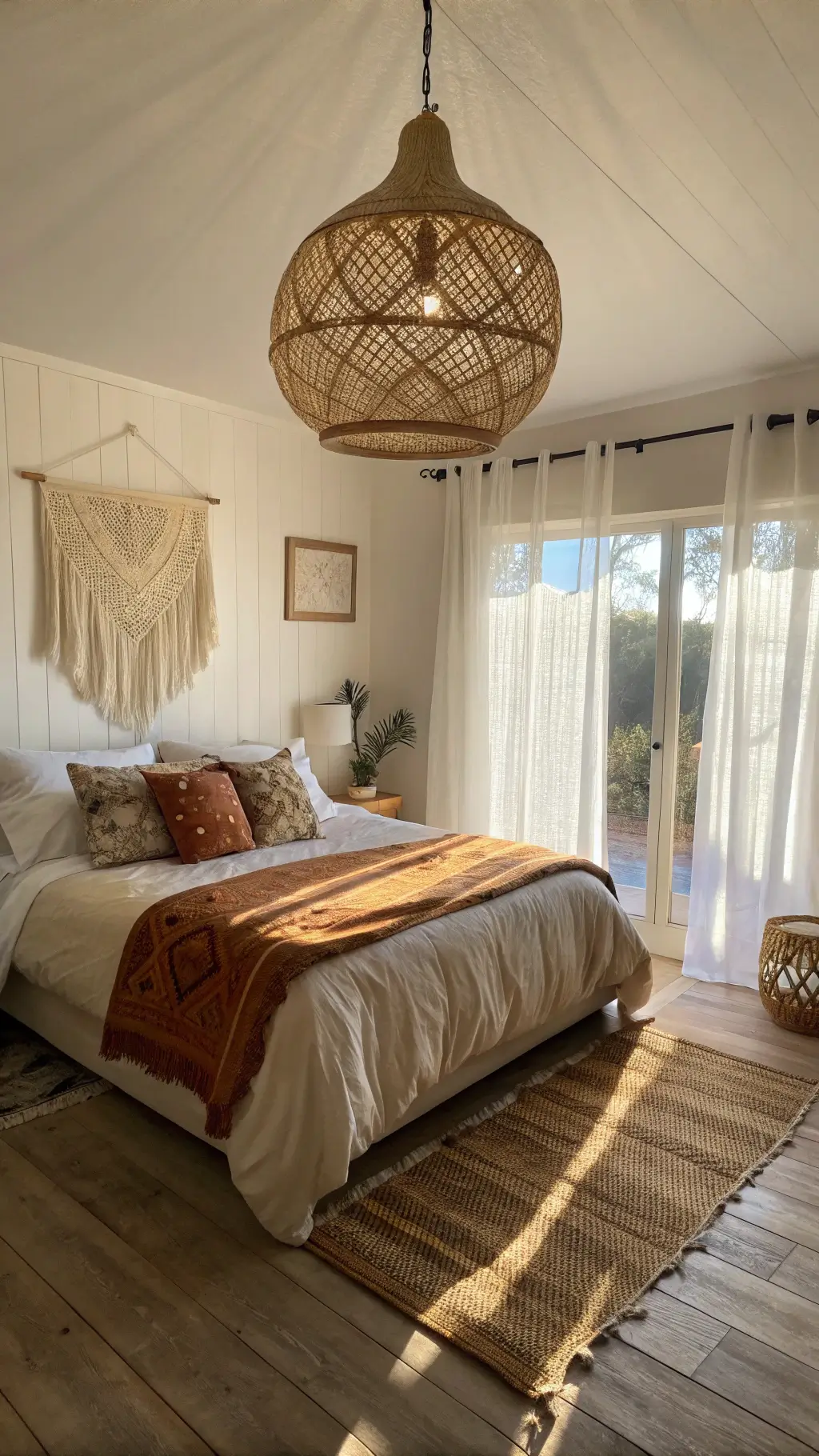 Boho bedroom with queen bed, layered textiles, rattan pendant lamp, and weathered oak flooring bathed in golden hour sunlight