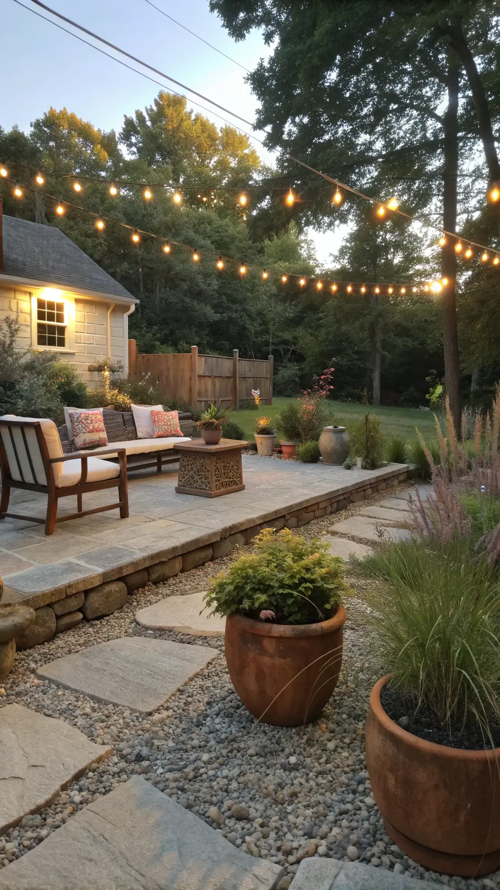 Serene backyard patio scene at golden hour featuring weathered teak furniture, terracotta planters with lavender and ornamental grasses, gravel, natural stone borders, and overhead string lights