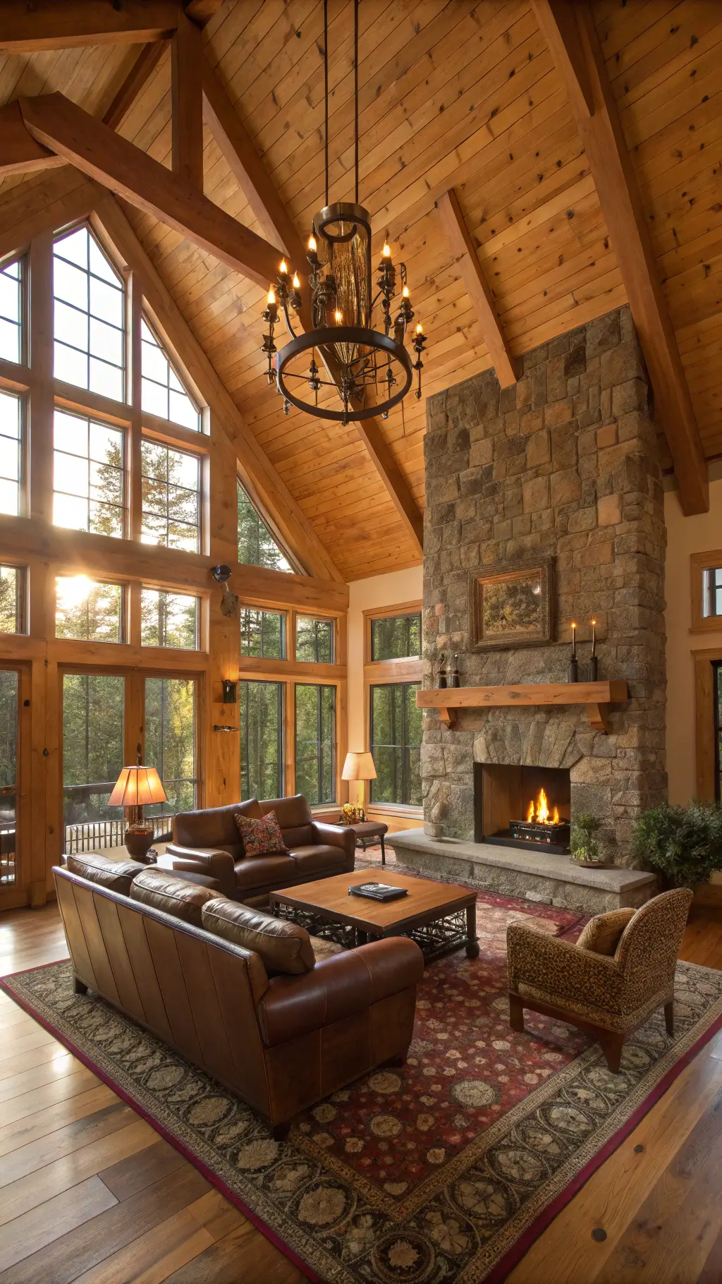 Spacious cabin interior with vaulted ceiling, Douglas fir beams, stone fireplace, and cozy furnishings