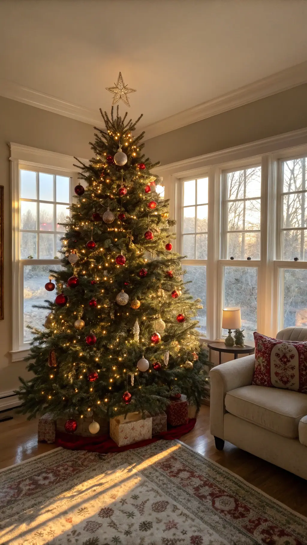 Sunlight illuminating a beautifully decorated Noble Fir in a warm living room with Persian rug and brass accents.