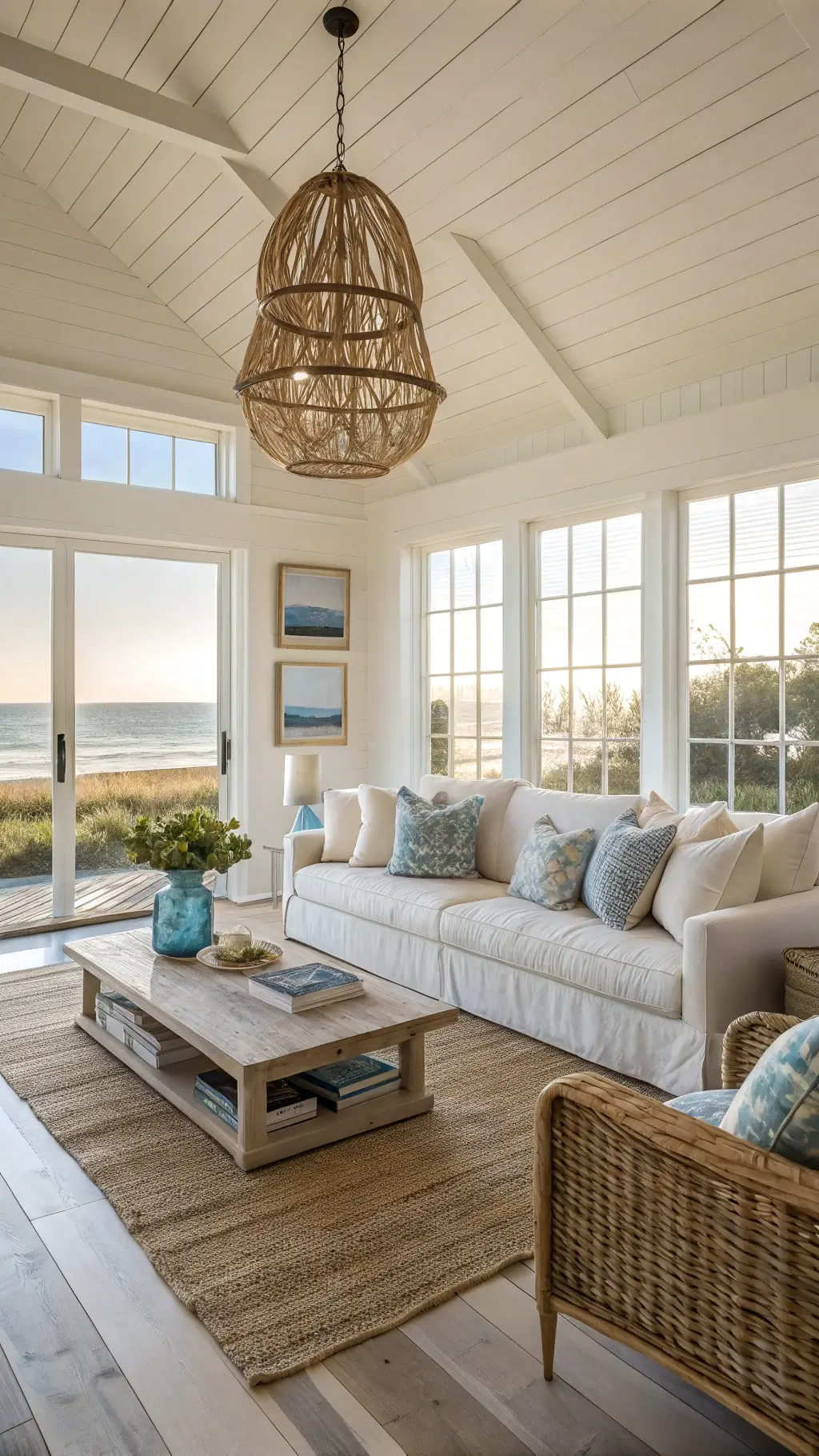 Coastal style living room bathed in golden hour sunlight with linen textures and driftwood accents