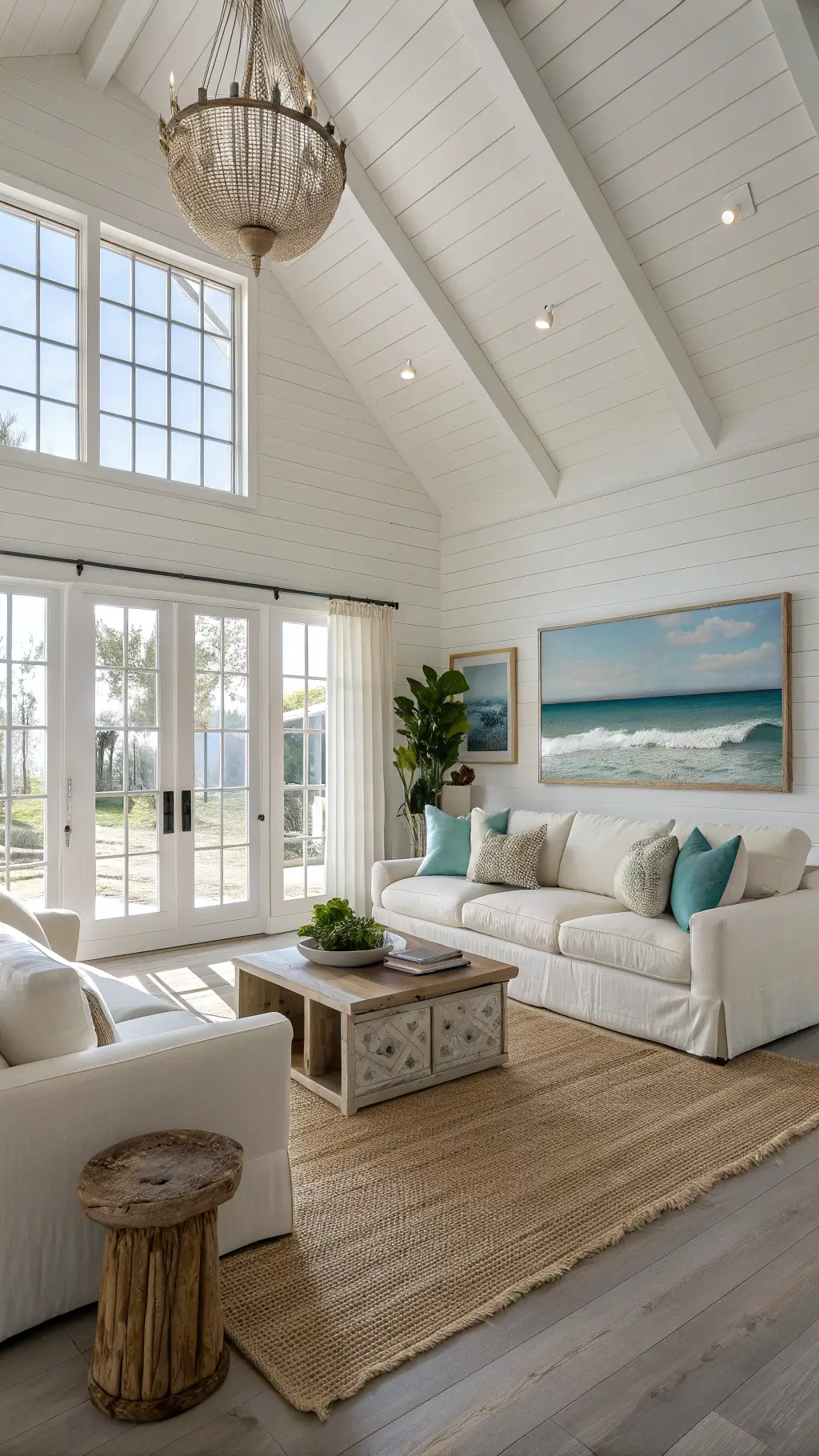Coastal Decor: Your Ultimate Guide to Creating a Serene Beach-Inspired Home Sunlit living room with white shiplap walls, whitewashed oak floors, a white linen sectional with seafoam and beige pillows, rattan chairs, and ocean-inspired artwork, showcasing an ethereal and serene mood.
