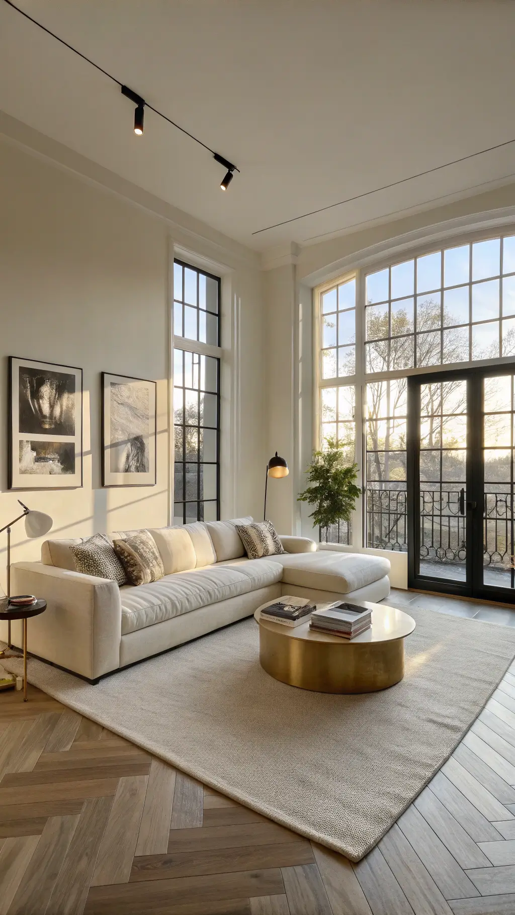 spacious living room bathed in golden hour sunlight through floor-to-ceiling windows showcasing minimalist cream sofa brass coffee table white oak herringbone floors and contrasting walls with large monochrome prints