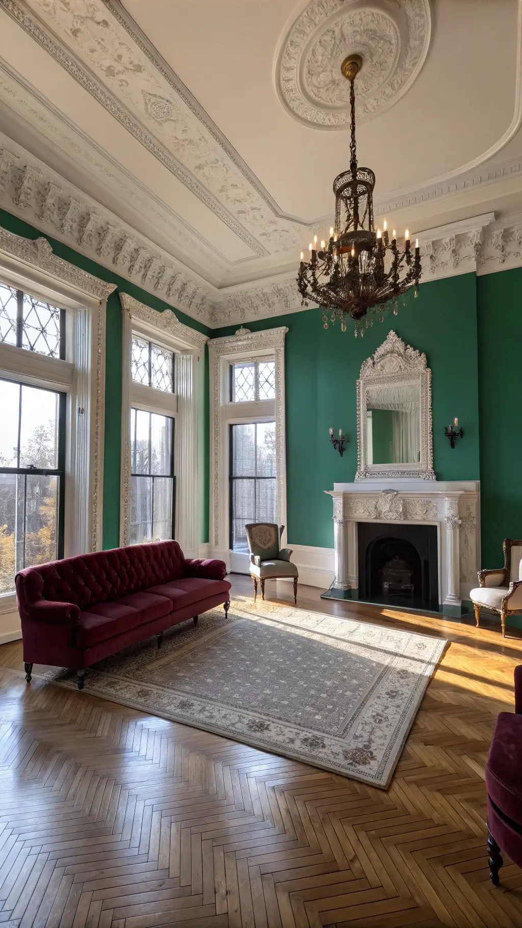 Victorian parlor with emerald green accent wall, marble fireplace, floor-to-ceiling windows, burgundy sofa, ghost chairs on Persian rug, and crystal chandelier at golden hour