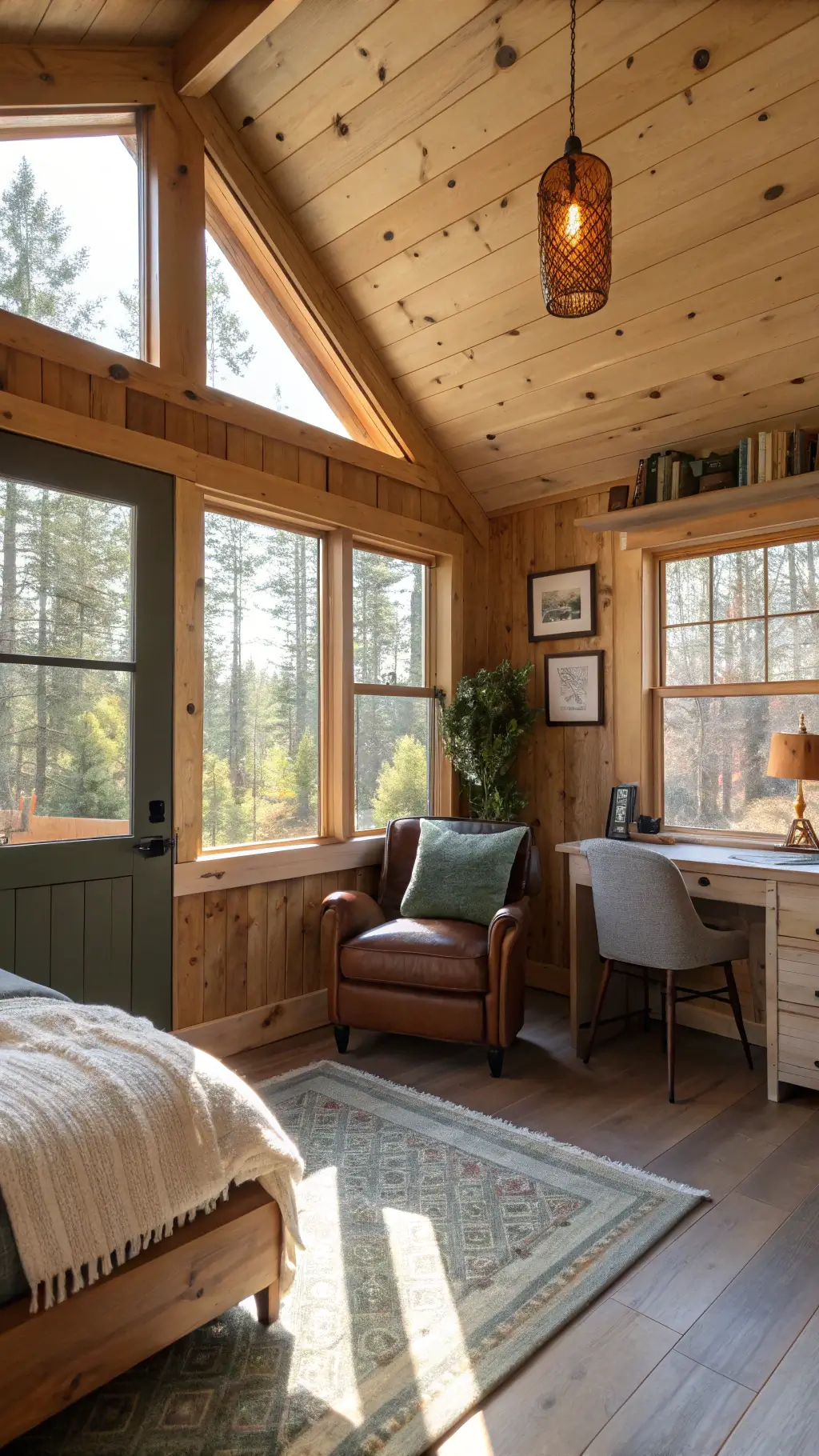 Bright cabin living room with large windows illuminating a fold-down bed, compact leather chair, and wall-mounted desk, decorated with soft textiles and greenery