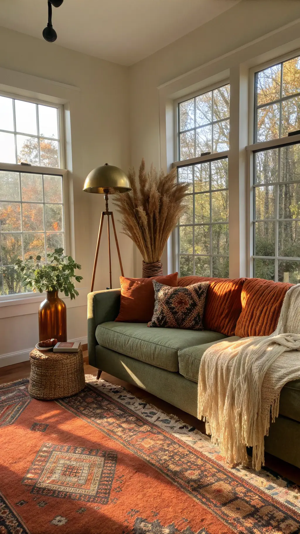 Sunlit living room with warm rust and olive tones, featuring a vintage rug, linen sofa with cozy throws, brass lamp, and dried pampas grass in ceramic vase.