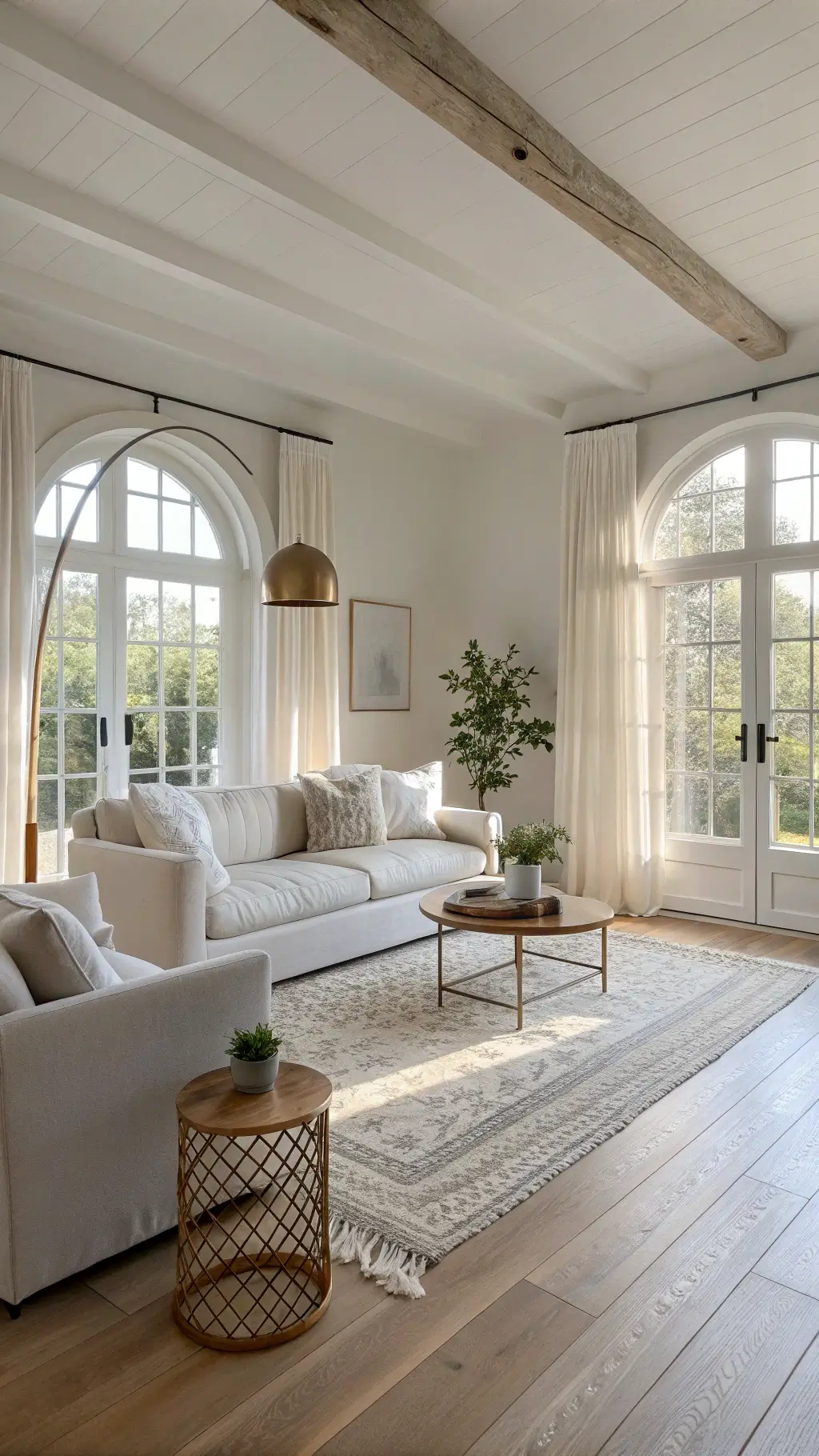 Scandinavian living room with light oak flooring, white walls, sheer linen curtains, oatmeal sofa, ivory bouclé accent chairs, and a brass floor lamp bathed in warm golden hour light