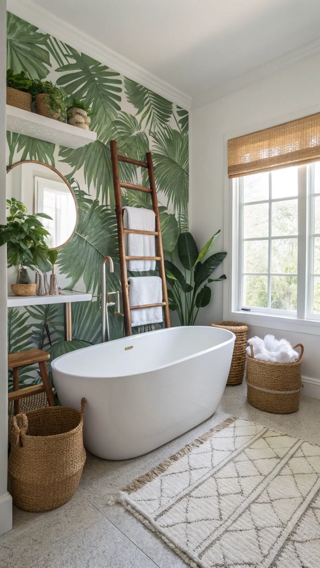 Tropical bathroom with natural light and palm leaf accents