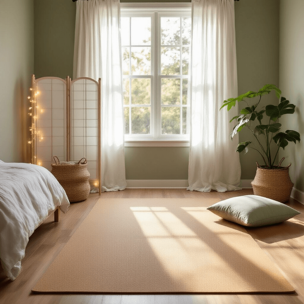 Peaceful yoga corner with a natural cork mat on bamboo flooring, soft daylight streaming through an east-facing window, minimalist white divider, fairy lights, sage green walls, and natural decor like a jute basket, linen cushion, and a monstera plant.
