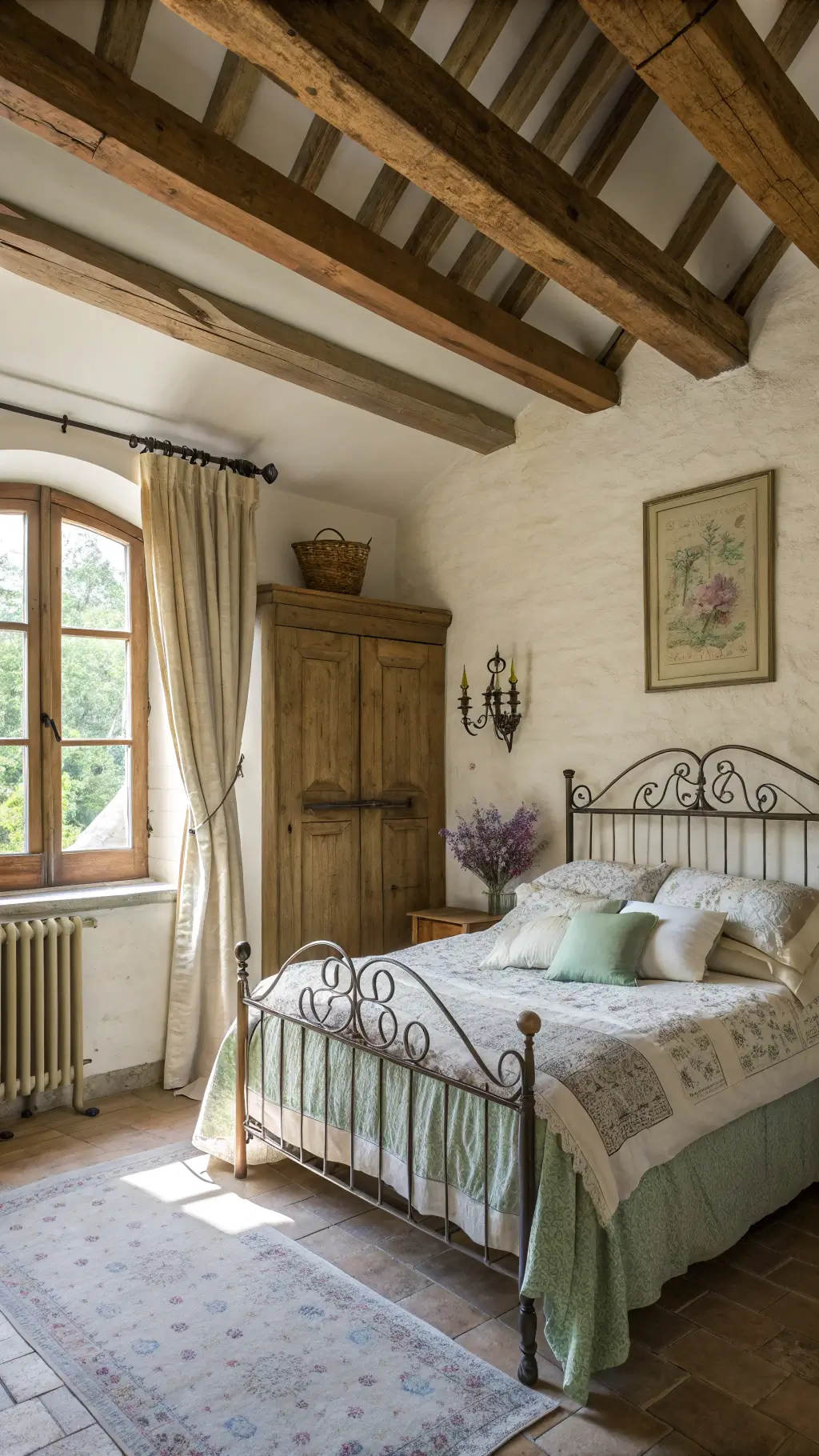 Cozy cottagecore bedroom with whitewashed wooden floors, vintage wrought-iron bed, cream quilt, sage green linens, and dried lavender bundles hanging from oak beams