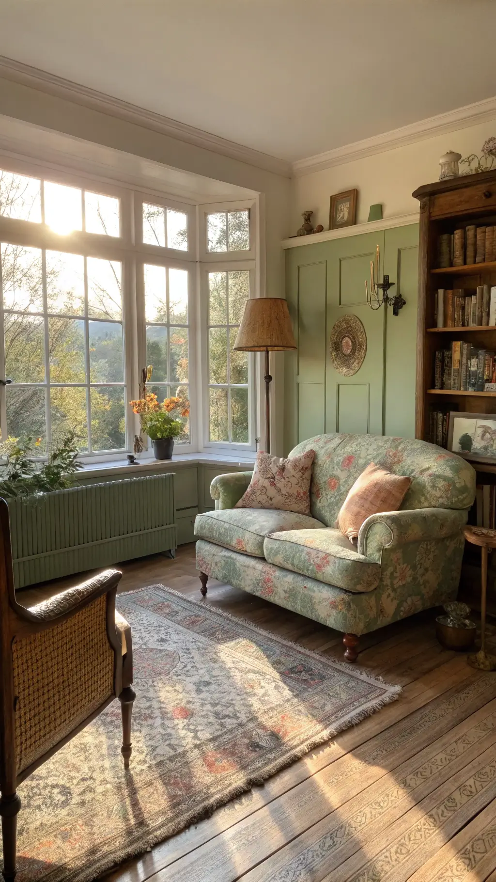 Cozy cottagecore living room with rustic furniture and natural light