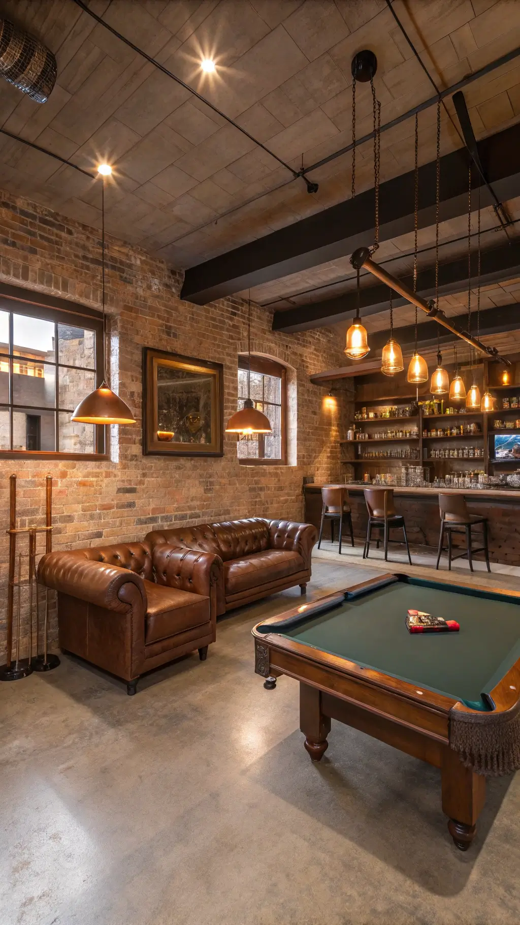 Industrial-chic basement bar with exposed brick walls, polished concrete floor, walnut vintage leather sofa, pool table, whiskey collection on floating shelves, and warm ambient lighting