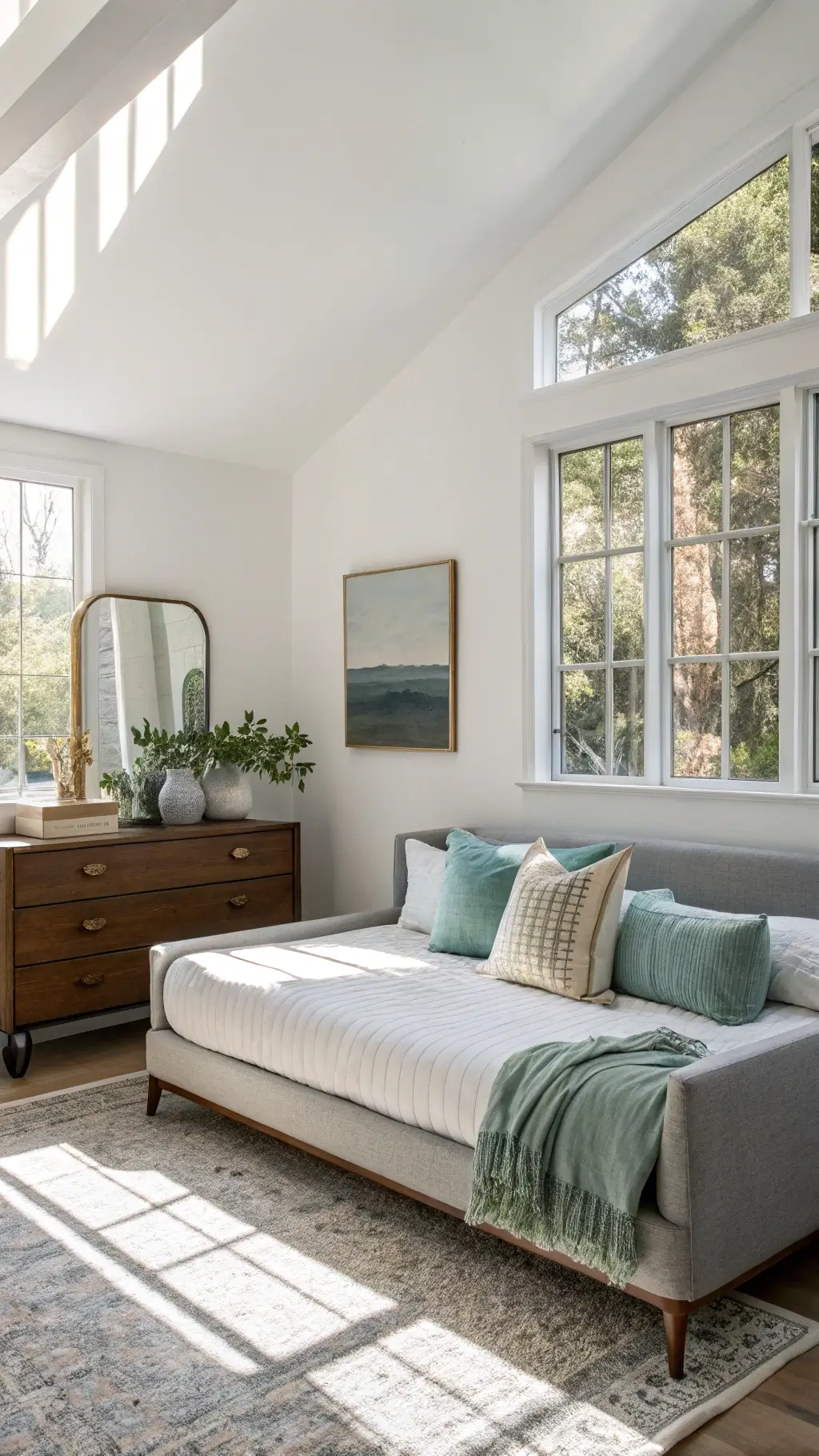 Bright and airy guest room with modern gray daybed, walnut dresser, floor-to-ceiling windows in morning light