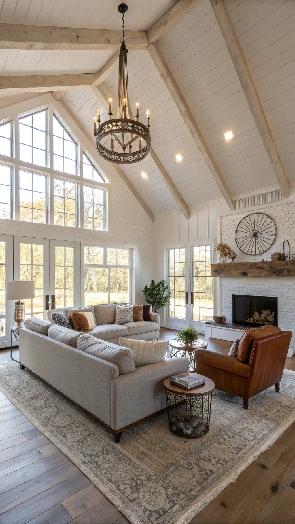 Modern farmhouse living room with cozy seating and rustic decor
