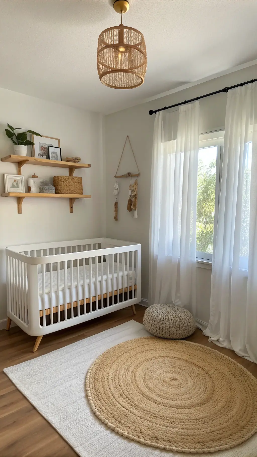 Modern minimalist nursery with white crib, floating wooden shelves, oatmeal-colored glider, brass arc lamp, round jute rug, and mobile in soft morning light