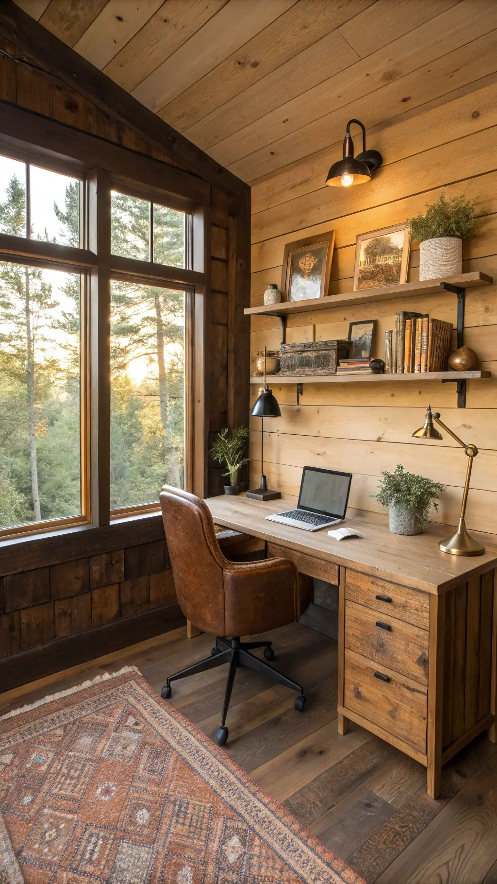 Cozy cabin office illuminated by morning sunlight through an east-facing window, featuring a floating pine desk, leather chair, brass decor, leather-bound books, woven jute rug, walnut flooring, MacBook, and task lamp.