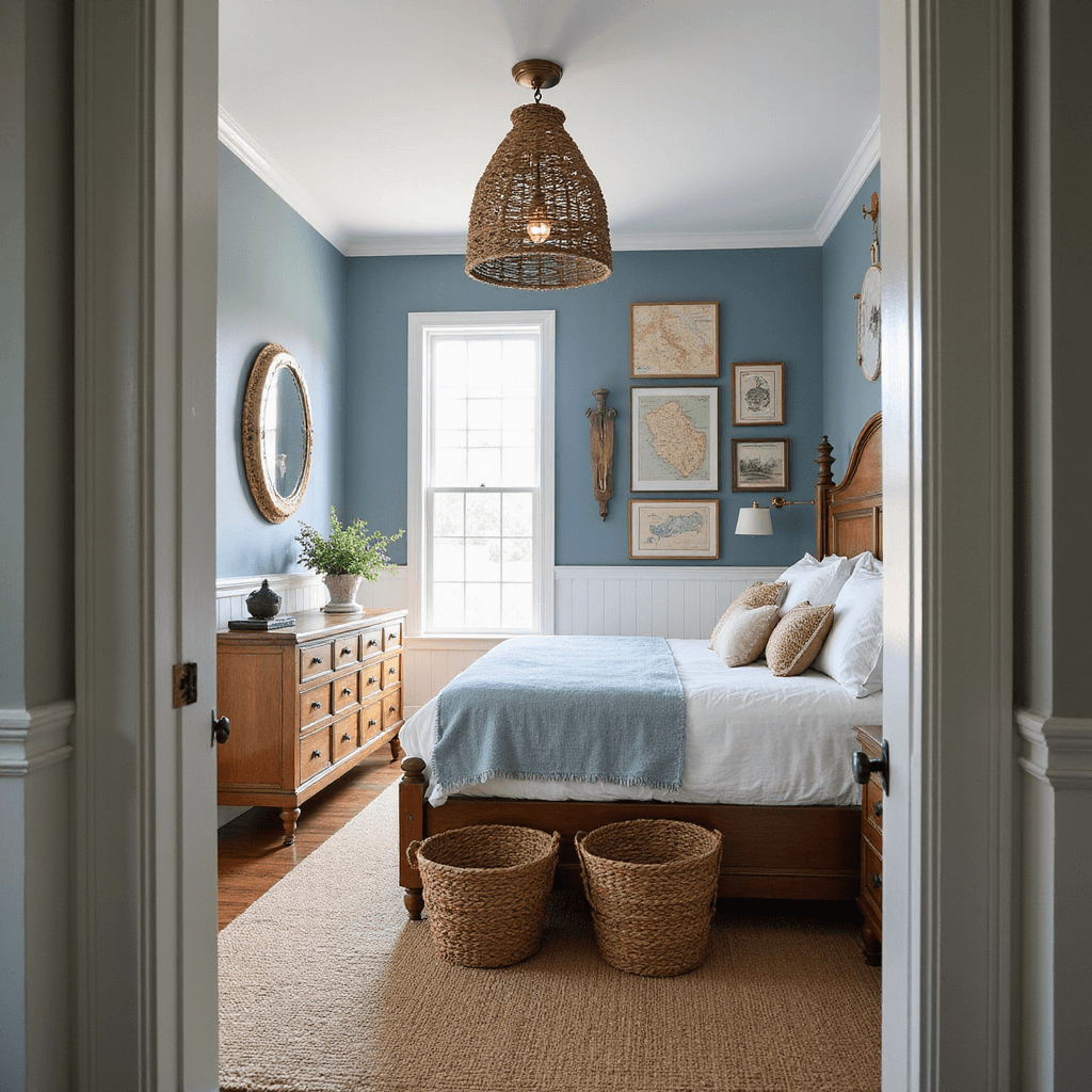 Innovative Boy Bedroom Ideas That Evolve with Your Child Coastal-themed bedroom with whitewashed shiplap wall, ocean-blue paint, brass porthole mirror, rope chandelier, captain's bed with storage, gallery of maritime maps, and natural fiber rug over basket storage.