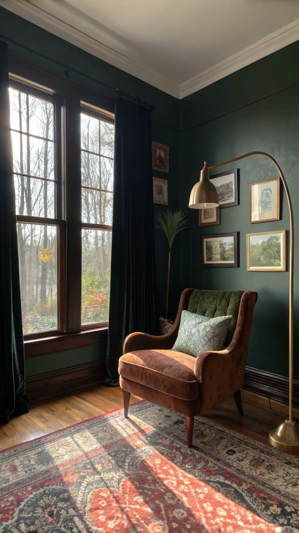 A spacious living room bathed in warm sunlight filtering through sheer black curtains, featuring a classic mahogany armchair, Persian rug, antique brass lamp, and botanical prints on the walls.