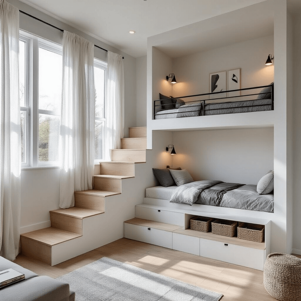 A tranquil modern minimalist bunk room with a custom L-shaped bunk bed, expansive windows draped with sheer white curtains, and sleek maple storage stairs bathed in soft morning light. The room features built-in floating desks, geometric bedding, and abstract wall art on pale gray walls with light oak flooring.
