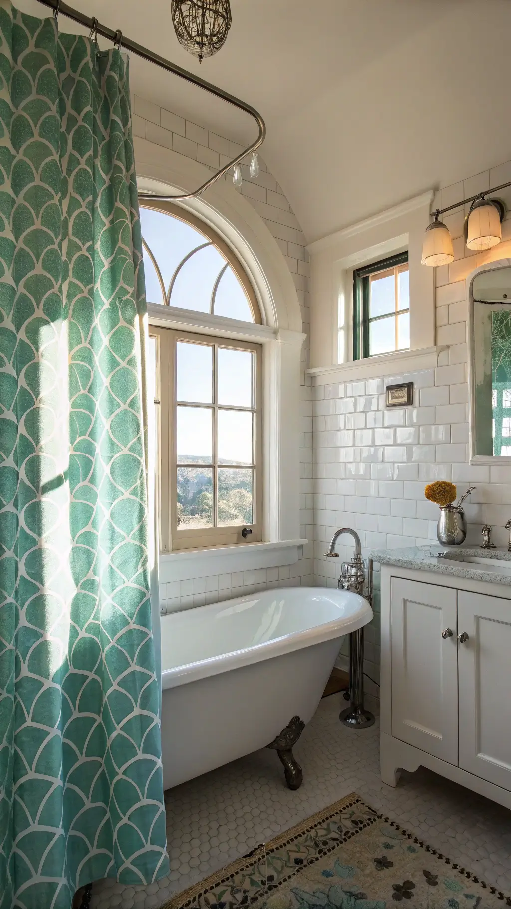 Bright bathroom featuring shimmering aqua shower curtain, classic white subway tiles accented with sea-green hues, vintage clawfoot tub, shell-shaped wall lights, and a driftwood-framed mirror above a pearl-finish vanity.
