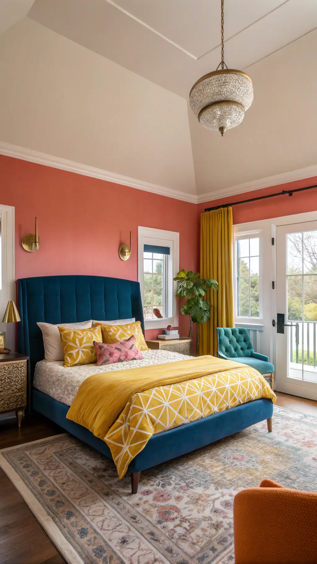 Sunlit bedroom featuring a velvet cobalt headboard, coral accent wall, yellow ochre geometric-patterned duvet, emerald and fuchsia pillows, brass sconces, ivory boucle chair, and floor-to-ceiling windows during golden hour.