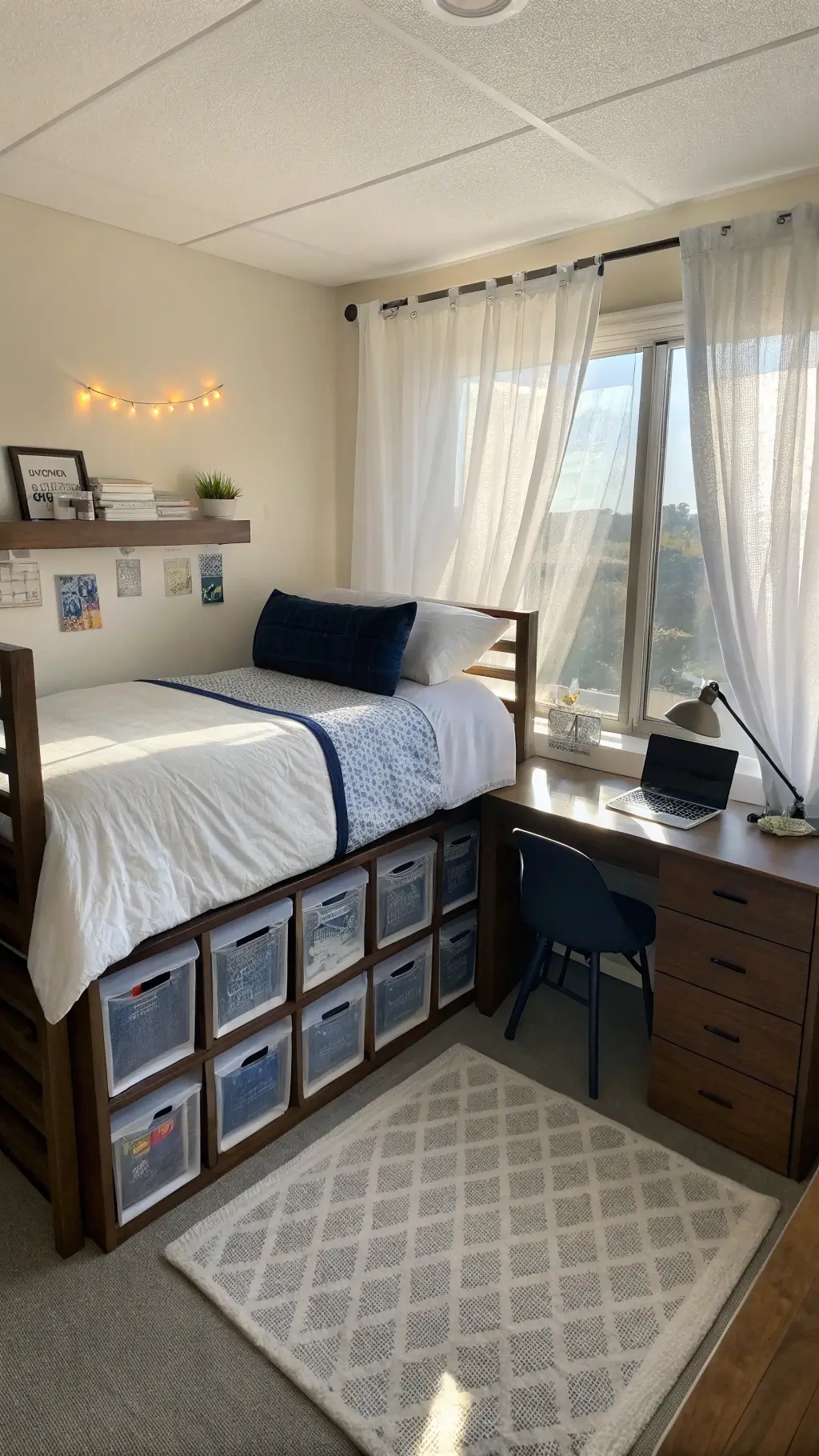 Bright dorm room with lofted twin bed and organized storage bins underneath, floating desk with laptop and minimalist lamp during golden hour.