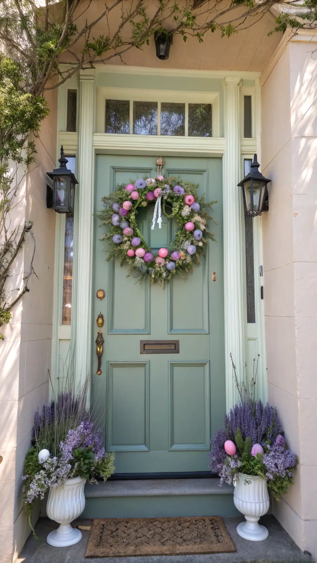 Victorian-style sage green door decorated with pastel Easter wreath and ceramic eggs