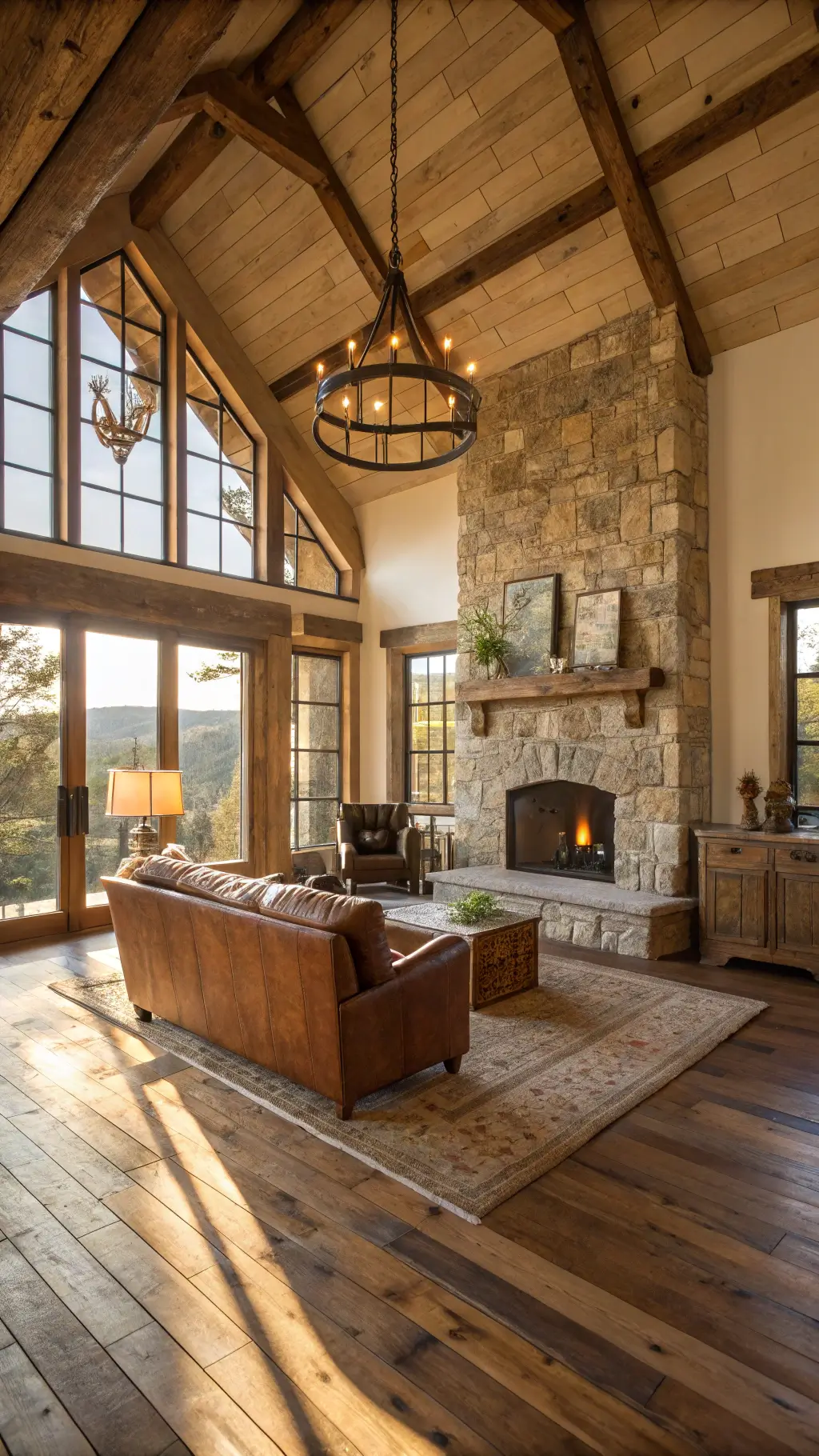 rustic living room bathed in golden hour light featuring reclaimed oak flooring stone fireplace leather sofa wooden armchairs iron pendant lights and wool rugs earth tones