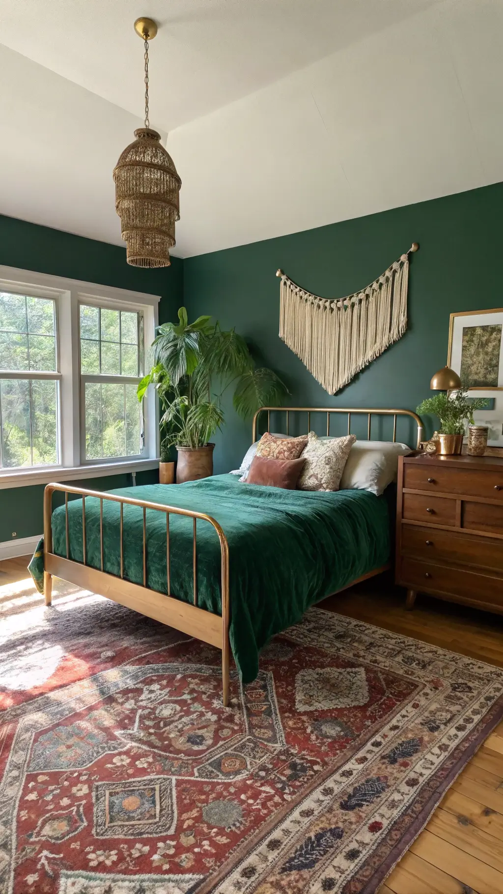 Spacious bedroom bathed in golden sunlight with an emerald accent wall, brass-framed queen bed, vintage Persian rugs, macramé hanging, a large monstera plant, and warm rattan lamp lighting.