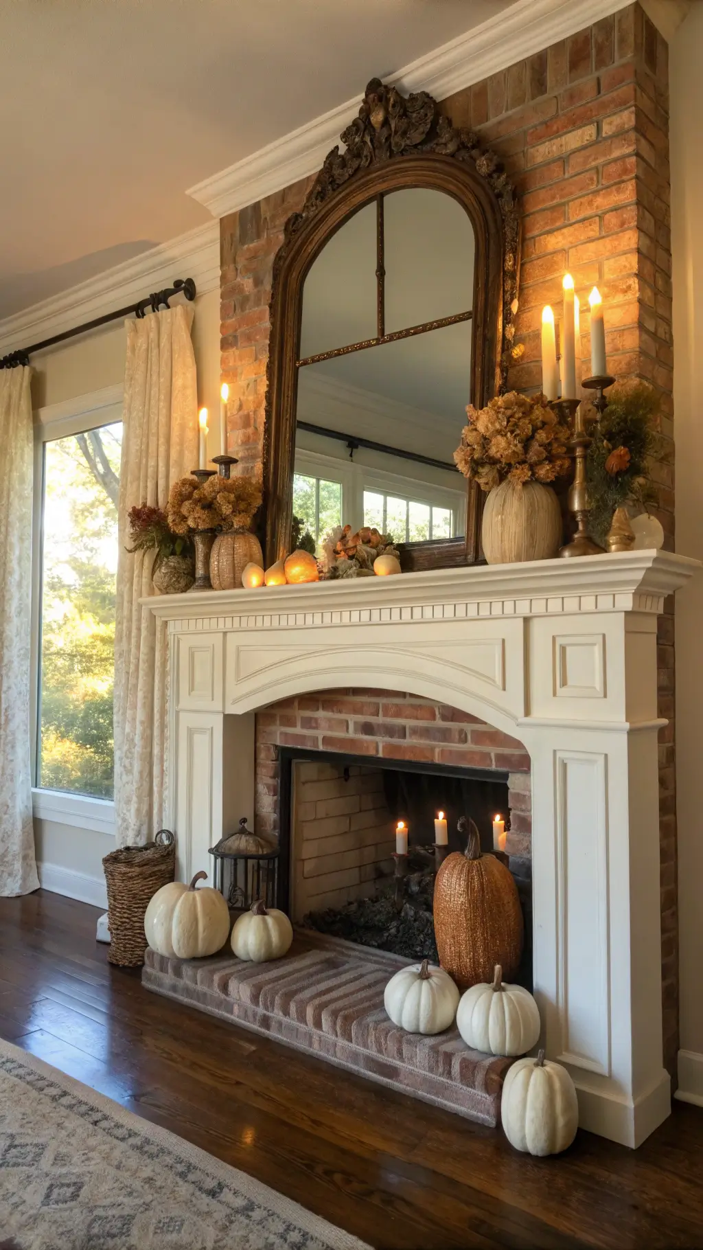 Traditional brick fireplace mantel decorated with faux pumpkins, dried oak leaves, hydrangeas, and ivory pillar candles in warm sunlight