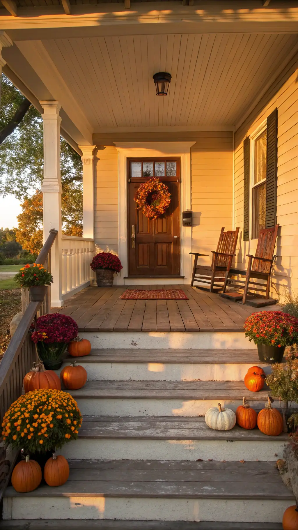 Front porch bathed in golden light with autumnal decorations including a wooden door adorned with a wreath of eucalyptus, wheat, and dahlias, rocking chairs with orange cushions, buffalo plaid throws, and heirloom pumpkins arranged on steps alongside copper lanterns with LED candles